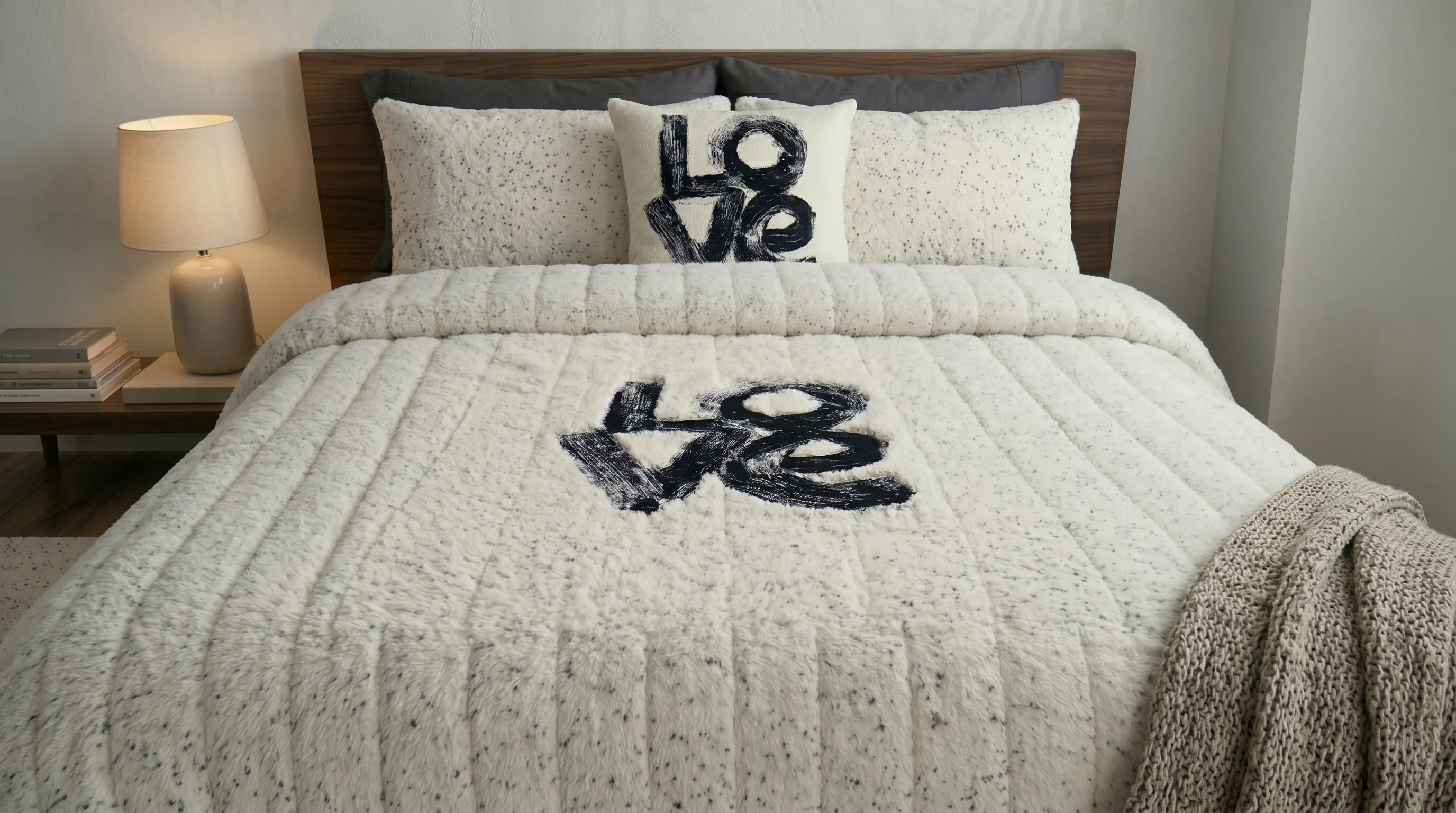 Love Pattern Velsoft Quilt - Cream